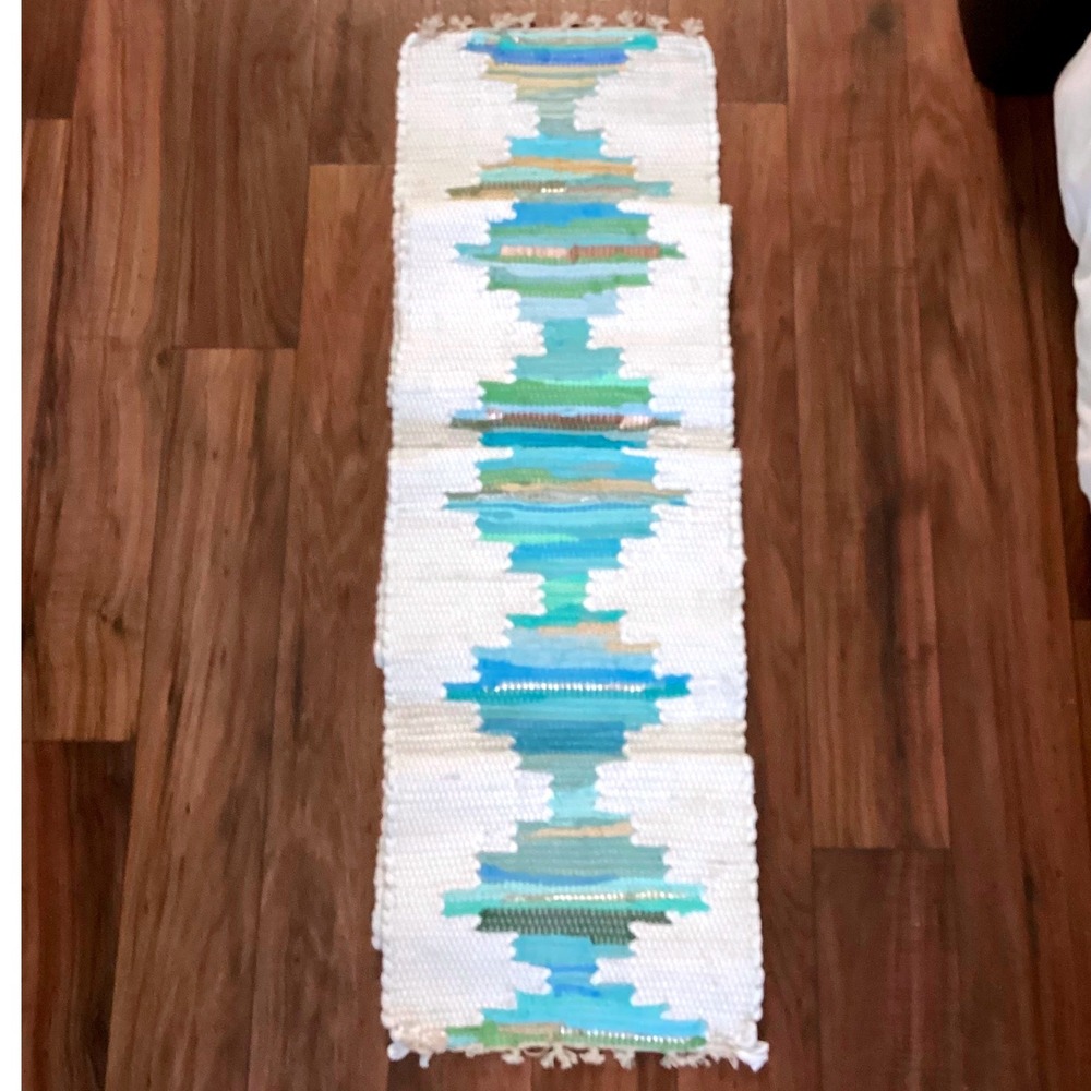 Hand Woven Cotton Rag Rug Runner White Blue Green Geometric Gold Metallic Fringe